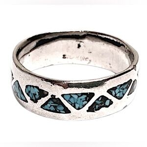 Vintage Native American Sterling Silver Turquoise Inlay Band Ring